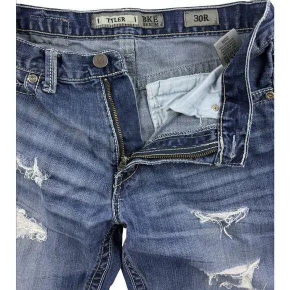 BKE Tyler Denim Jeans Mens 31 X 30 Blue Med Wash Whiskered Bootcut Ripped - Picture 5 of 14